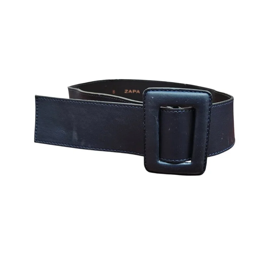 ZAPA Wide Navy Blue Leather Belt Size S Square Buckle 100% Calfskin France